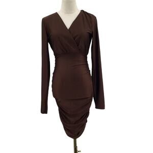 DEXIRE SZ S Brown Faux Wrap Ruched Long Sleeve Bodycon MIni Dress NWT B80